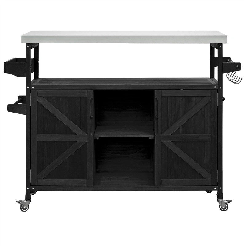 Îlot de cuisine extérieure, Desserte de bar roulante et Meuble de rangement, Table de barbecue d'extérieur de style fermier avec plateau en acier inoxydable et porte-serviettes