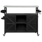Îlot de cuisine extérieure, Desserte de bar roulante et Meuble de rangement, Table de barbecue d'extérieur de style fermier avec plateau en acier inoxydable et porte-serviettes