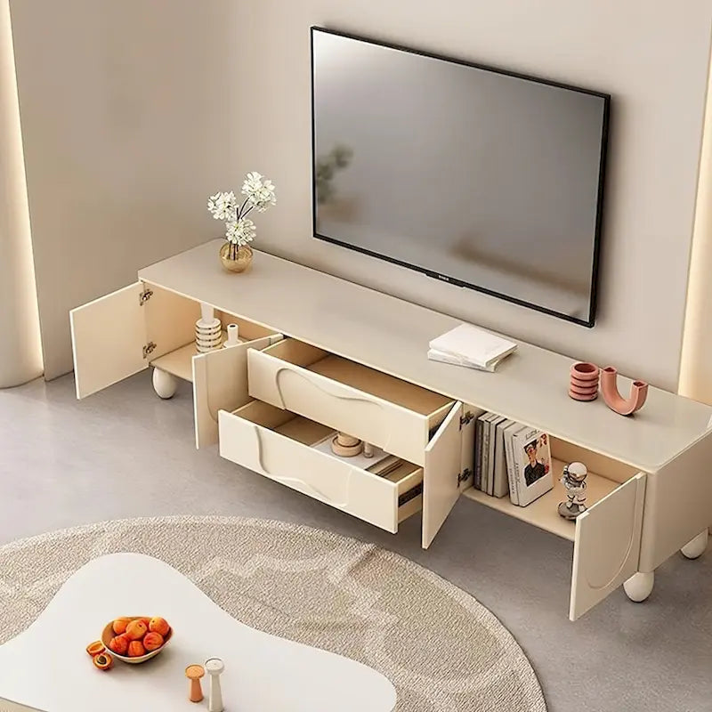 Meuble TV de 78 pouces avec rangement, console média de luxe crème, espace de rangement supplémentaire - 78 pouces de large