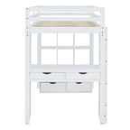 Lit mezzanine avec grandes étagères, bureau et éclairage LED