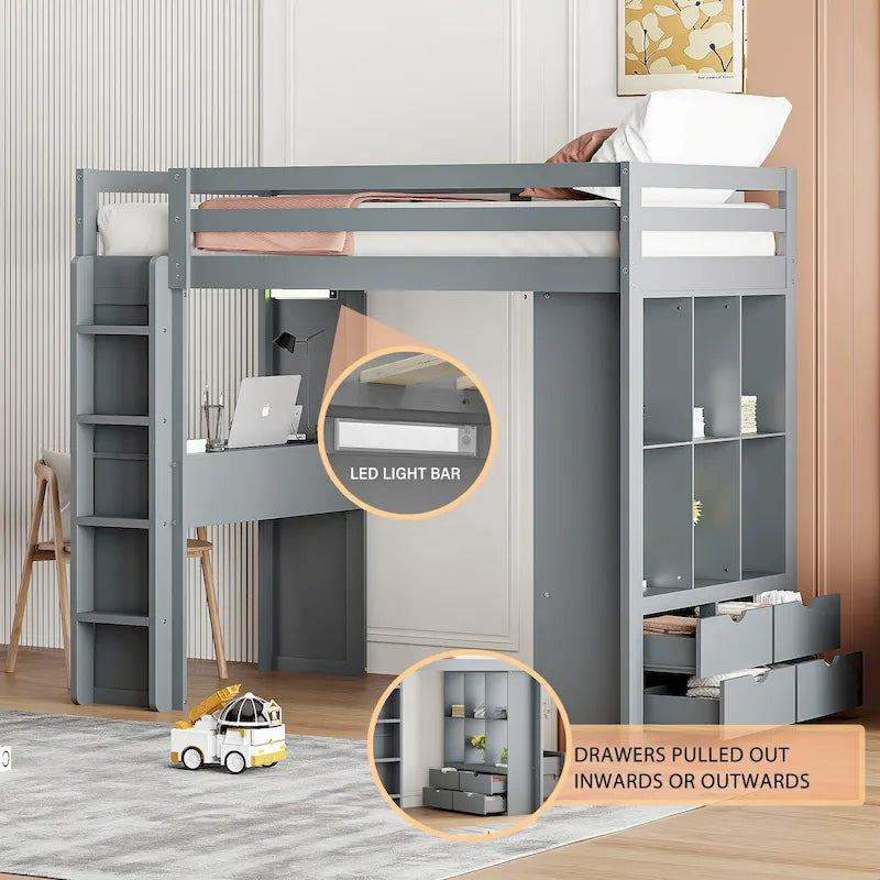 Lit mezzanine avec grandes étagères, bureau et éclairage LED