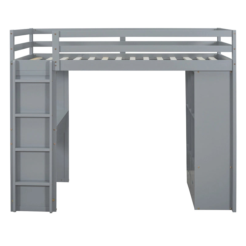 Lit mezzanine avec grandes étagères, bureau et éclairage LED