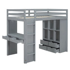 Lit mezzanine avec grandes étagères, bureau et éclairage LED