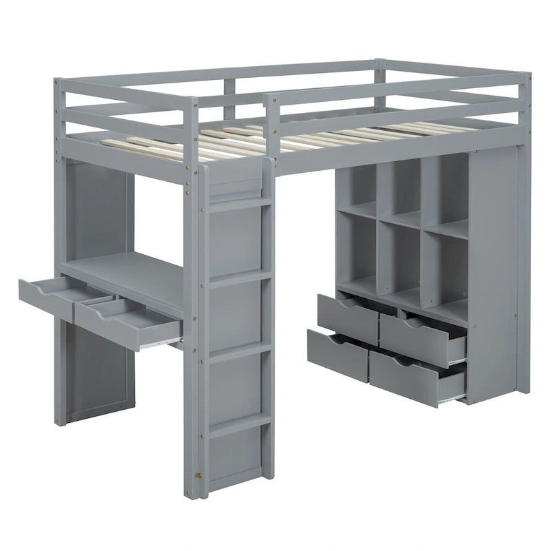 Lit mezzanine avec grandes étagères, bureau et éclairage LED