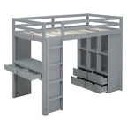 Lit mezzanine avec grandes étagères, bureau et éclairage LED