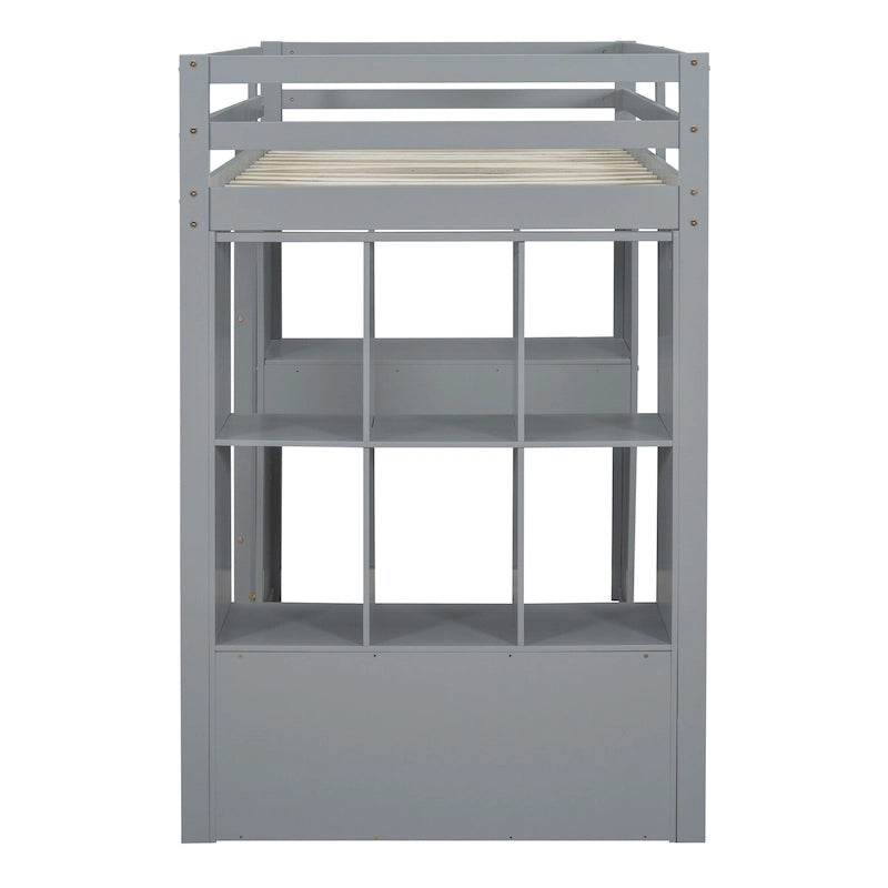 Lit mezzanine avec grandes étagères, bureau et éclairage LED