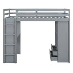 Lit mezzanine avec grandes étagères, bureau et éclairage LED