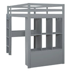 Lit mezzanine avec grandes étagères, bureau et éclairage LED
