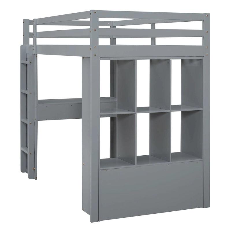 Lit mezzanine avec grandes étagères, bureau et éclairage LED