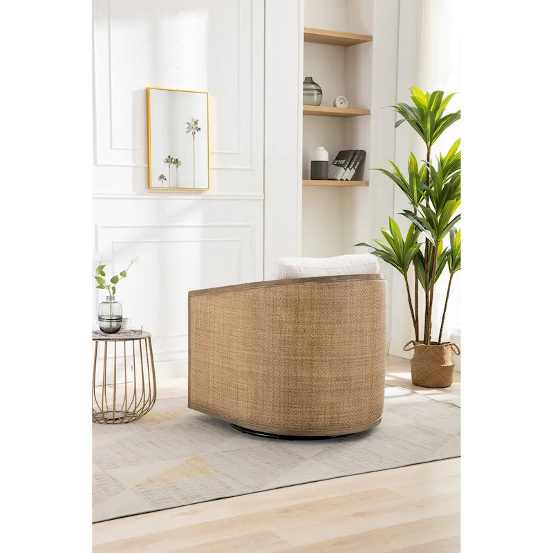 Fauteuil pivotant, fauteuil d'appoint rond confortable, fauteuil club pivotant à 360 degrés, fauteuil de loisirs avec cadre en rotin tressé