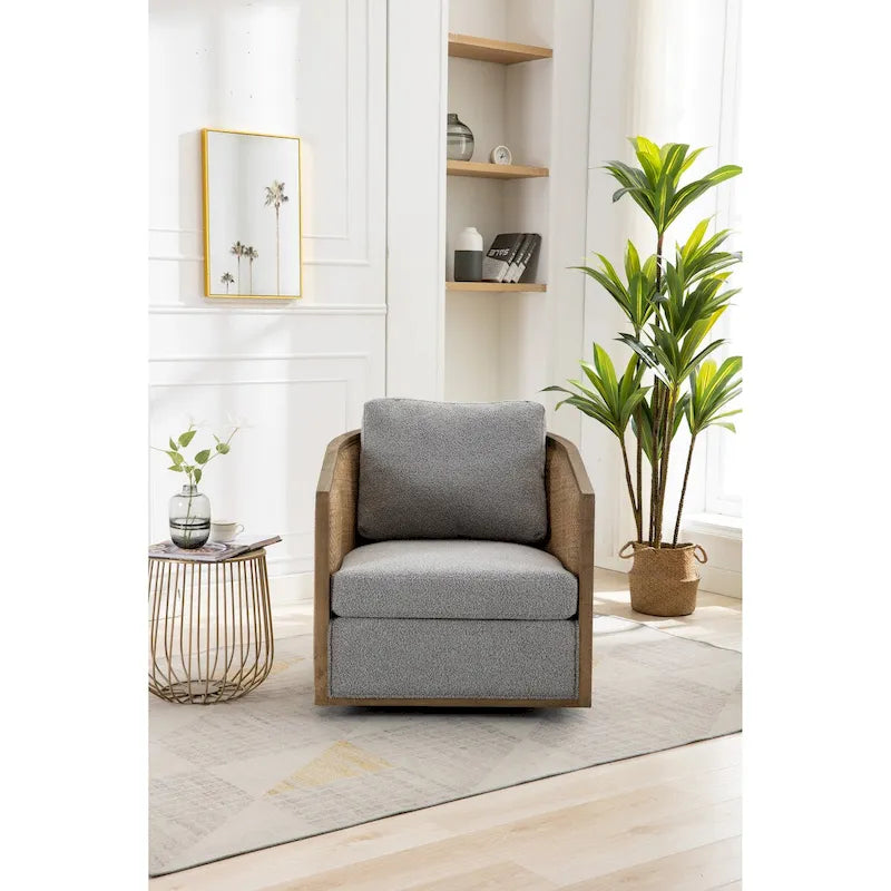 Fauteuil pivotant, fauteuil d'appoint rond confortable, fauteuil club pivotant à 360 degrés, fauteuil de loisirs avec cadre en rotin tressé