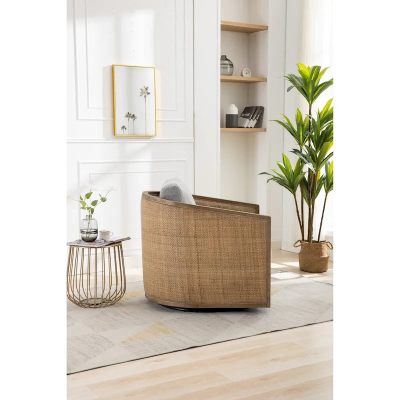 Fauteuil pivotant, fauteuil d'appoint rond confortable, fauteuil club pivotant à 360 degrés, fauteuil de loisirs avec cadre en rotin tressé