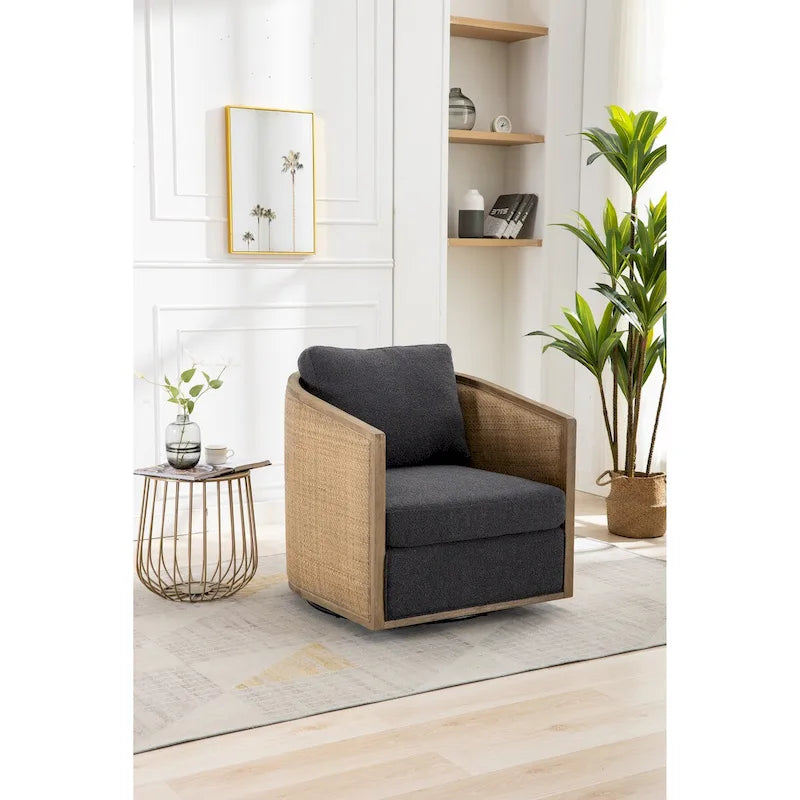 Fauteuil pivotant, fauteuil d'appoint rond confortable, fauteuil club pivotant à 360 degrés, fauteuil de loisirs avec cadre en rotin tressé
