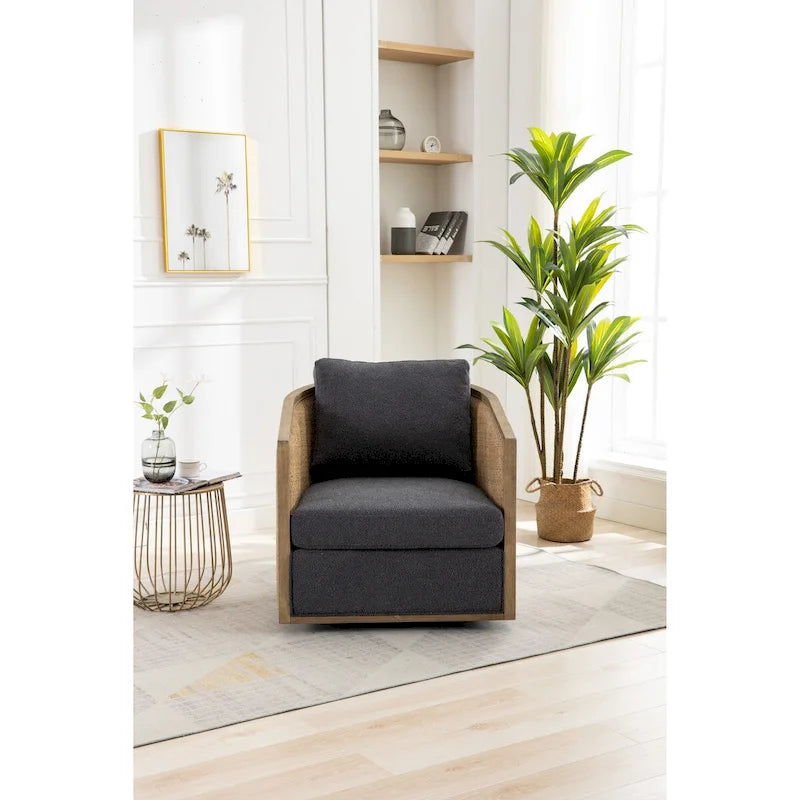 Fauteuil pivotant, fauteuil d'appoint rond confortable, fauteuil club pivotant à 360 degrés, fauteuil de loisirs avec cadre en rotin tressé