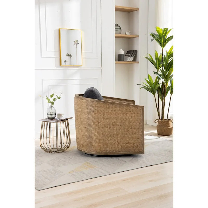 Fauteuil pivotant, fauteuil d'appoint rond confortable, fauteuil club pivotant à 360 degrés, fauteuil de loisirs avec cadre en rotin tressé