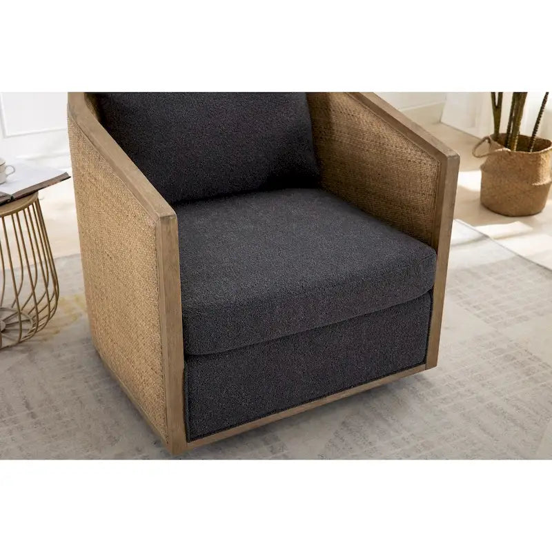 Fauteuil pivotant, fauteuil d'appoint rond confortable, fauteuil club pivotant à 360 degrés, fauteuil de loisirs avec cadre en rotin tressé