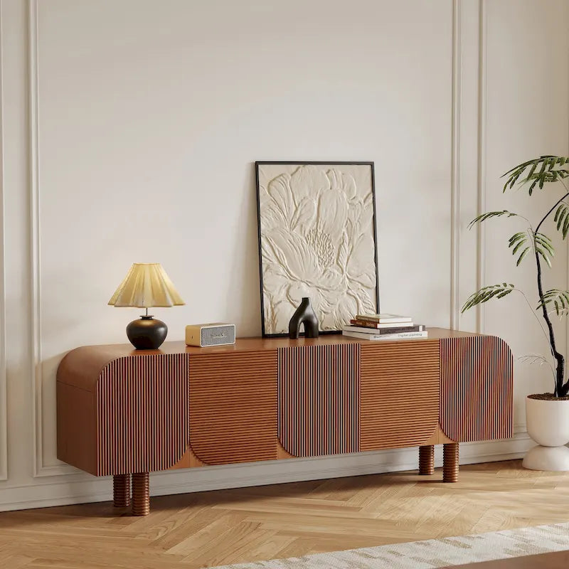 Meuble TV en bois mi-siècle, Console média moderne marron pour salon, Pré-assemblé - 70,87x15,7