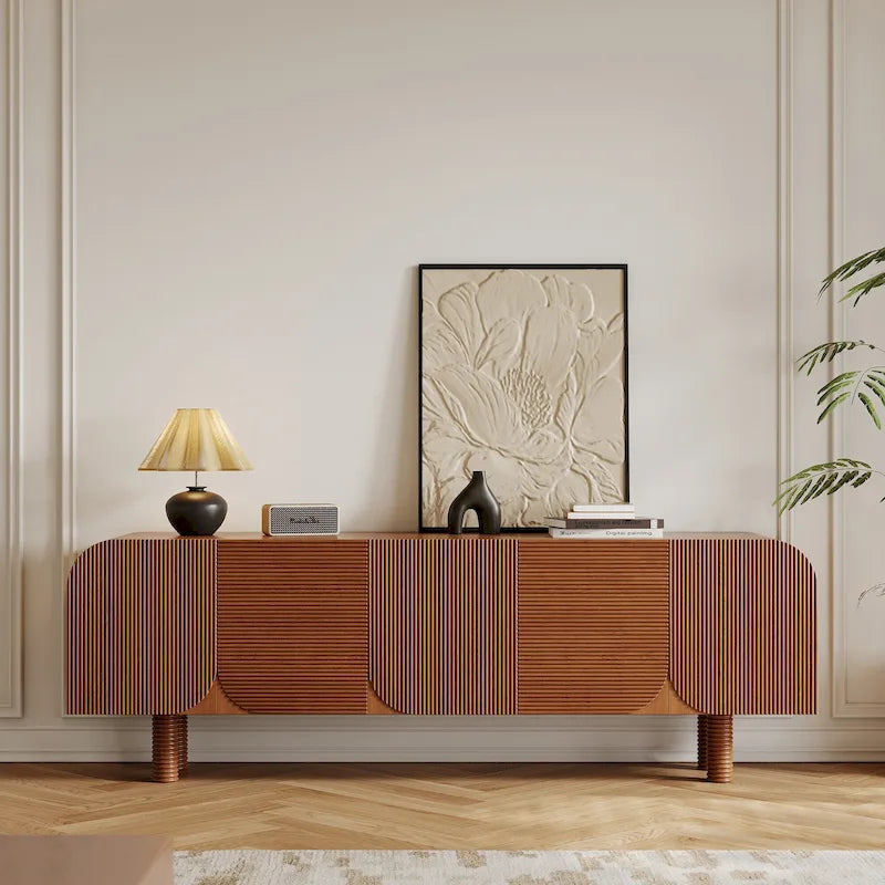 Meuble TV en bois mi-siècle, Console média moderne marron pour salon, Pré-assemblé - 70,87x15,7