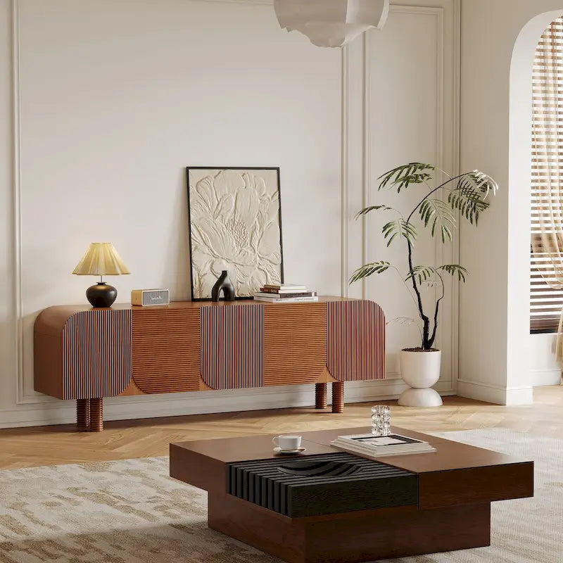 Meuble TV en bois mi-siècle, Console média moderne marron pour salon, Pré-assemblé - 70,87x15,7