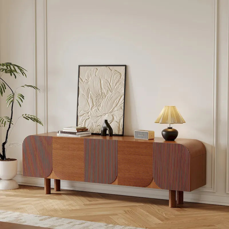 Meuble TV en bois mi-siècle, Console média moderne marron pour salon, Pré-assemblé - 70,87x15,7