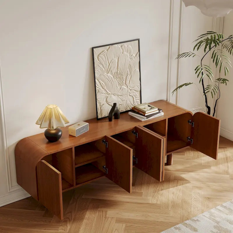 Meuble TV en bois mi-siècle, Console média moderne marron pour salon, Pré-assemblé - 70,87x15,7