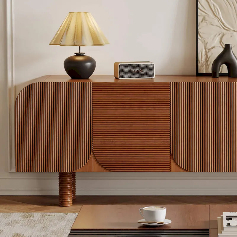 Meuble TV en bois mi-siècle, Console média moderne marron pour salon, Pré-assemblé - 70,87x15,7
