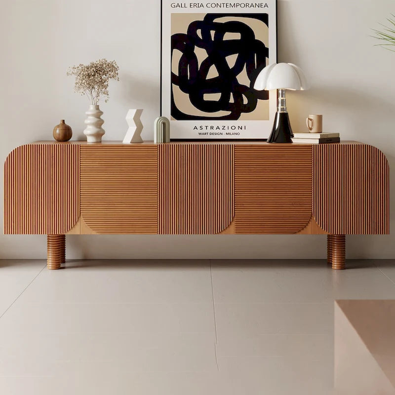 Meuble TV en bois mi-siècle, Console média moderne marron pour salon, Pré-assemblé - 70,87x15,7