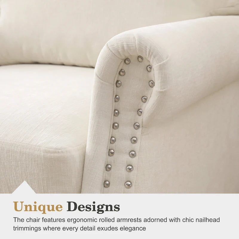 Fauteuil moderne rembourré avec clous décoratifs et pieds en bois