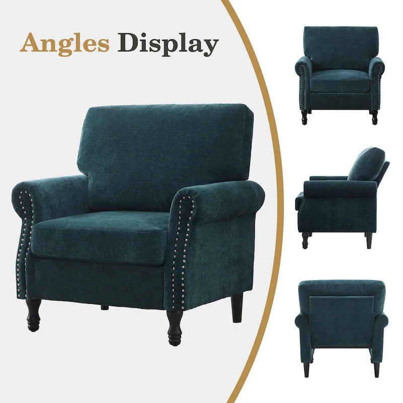 Fauteuil moderne rembourré avec clous décoratifs et pieds en bois