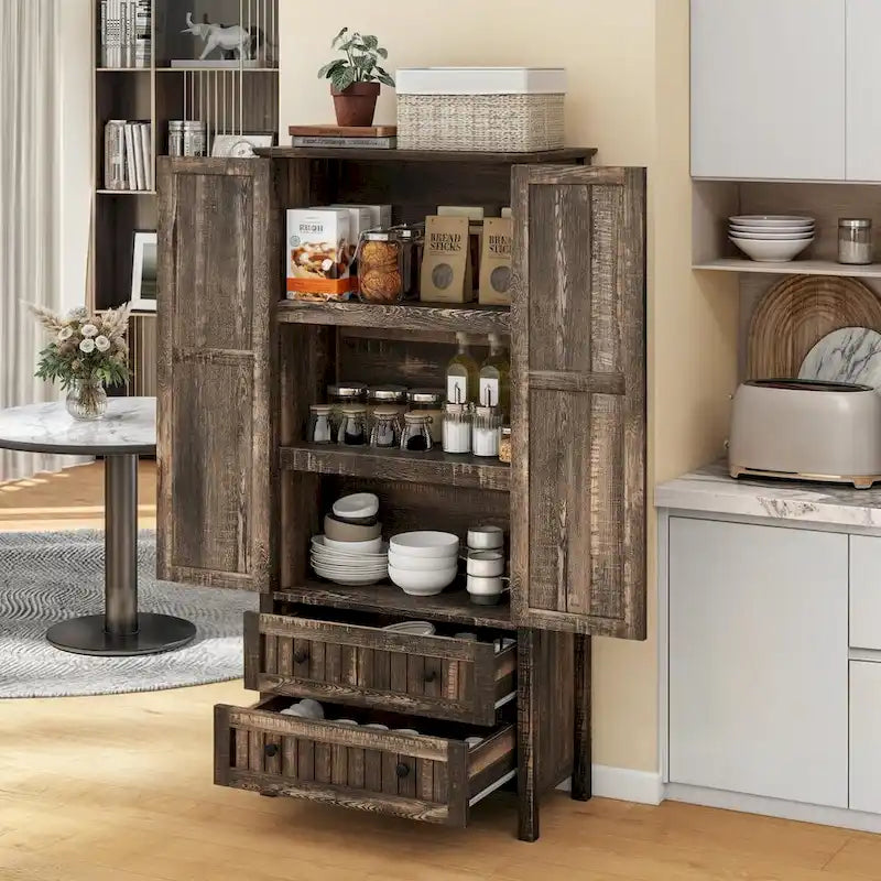 64 Farmhouse Tall Kitchen Pantry Storage Cabinet with 2 Drawers & Doors